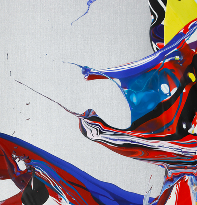 detail of a print of swirling splashes of coloured paints