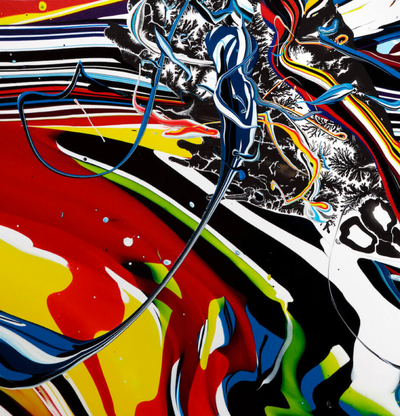 detail of a print of swirling, bright splashes of colour
