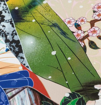 patterned background shapes in various colours and flowery motifs – close up of a print by Tomokazu Matsuyama