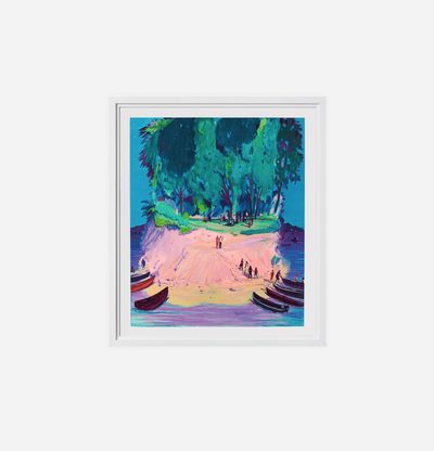 framed print of a colourful island with boats on the shore