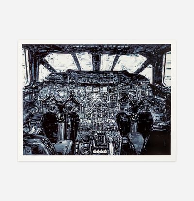 inside of cockpit in grayscale, print by Michael Kagan