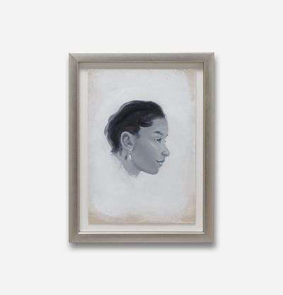 framed work on paper of a monochrome female portrait viewed at a side-profile