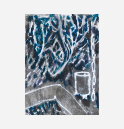Abstract print of backyard with blue and grey, Paul’s Backyard by Chris Succo