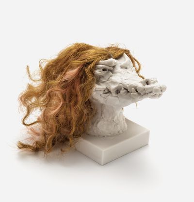 a sculpture of a crocodile head with a custom hair piece in light brown, Nathalie Djurberg & Hans Berg