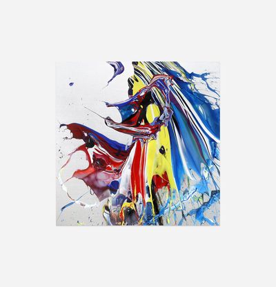 Abstract print of swirling bold colours against a white background