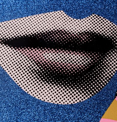 Detail of print with blue glitter areas surrounding a woman's lips and mouth area