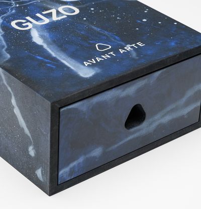 a custom-made wooden box which houses Haroshi's GUZO sculpture