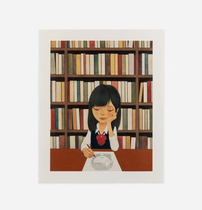hand finished edition of girl sitting in library drawing on paper