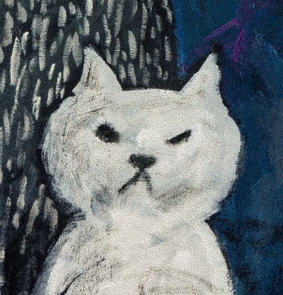 White cat with downwards facial expression