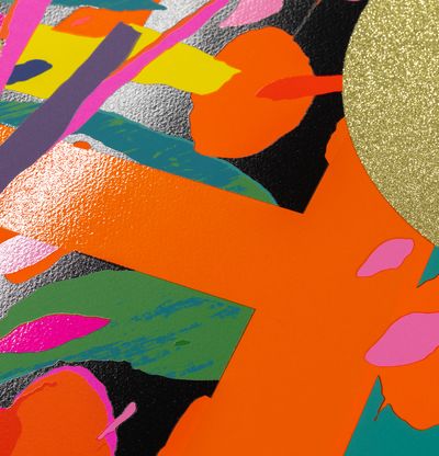 detail of a Paul Insect brightly coloured print with gold glitter