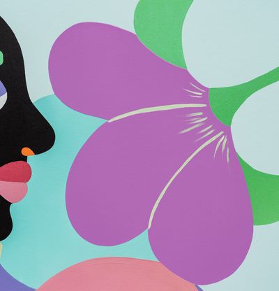 a cubist inspired print edition with a purple-petalled flower, featuring a woman with green hair 