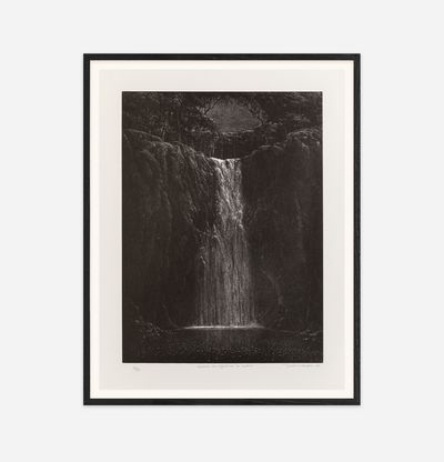 Framed composite of etching of waterfall