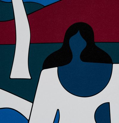 a detail from a print of a silhouette of a woman sitting before a landscape in a limited colour palette