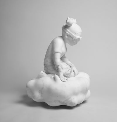 White marble sculpture by Hebru Brantley