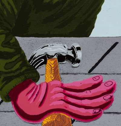 a close-up of a print of a pink creature throwing a leg over a wall with a hammer in their hand