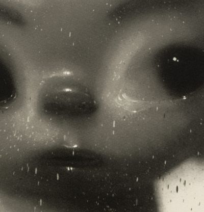 detail of a large-eyed greyscale portrait