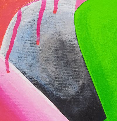 Closeup of woman's painted green torso with pink paint drips.