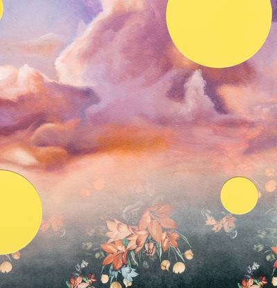 yellow circles behind of clouds with patterned overlay 
