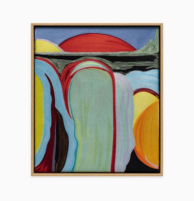 framed tapestry of a colourful, semi-abstract landscape