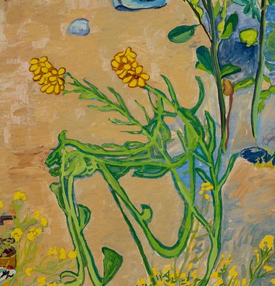 detail of various wild flowers and grasses growing near water