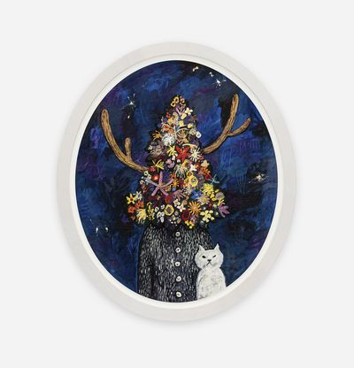 Framed in oval white Frame, Yuichi painting of tree man in full bloom