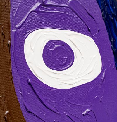 detail of a black and purple impasto portrait painting with signature