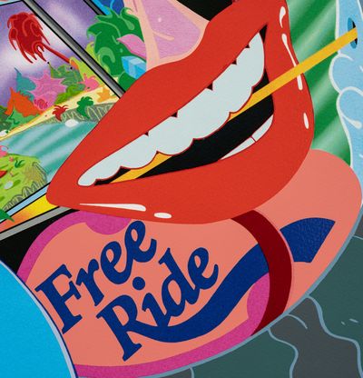Free ride text on chin below red lips