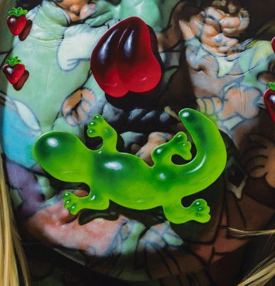 detail of a lizard-shaped green gummy