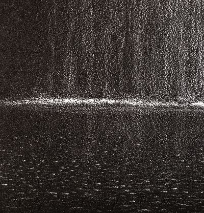 etching up close of waterfall droplets falling into pool below