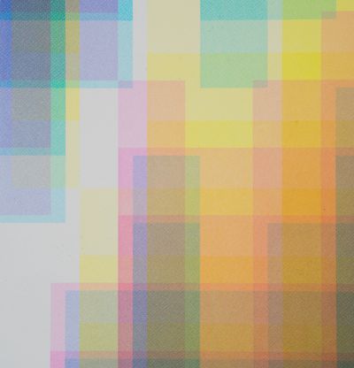 Pixelated colour spectrum with yellow and blue squares - close up