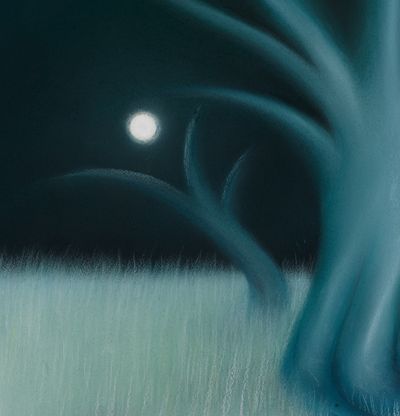 detail of pastel drawing of blue tree against dark night background