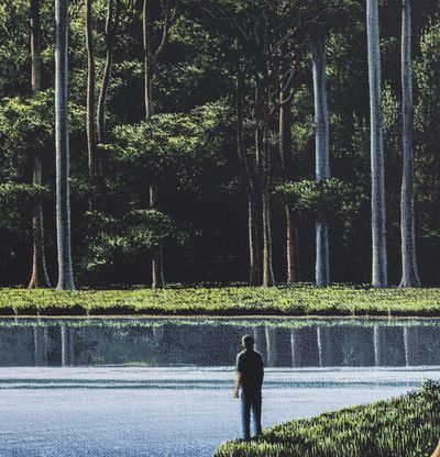 Person meditating by lake surrounded by jungle, Encontrar Al Meditador by Tomas Sanchez - detail shot