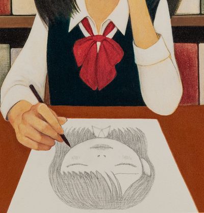 drawing of girl with eyes closed on library desk
