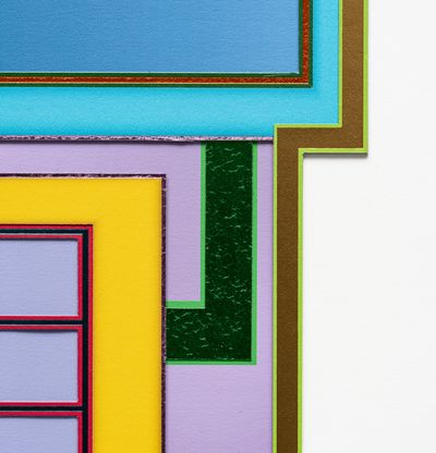 straight-on close up of a colourful, rectilinear print showing a metallic green section