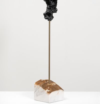 black marble sculpture resembling a face on a bronze pole by Kevin Francis Gray - side view