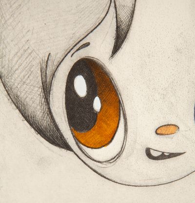 a detailed of a drawing of face with orange detail by Javier Calleja - close up