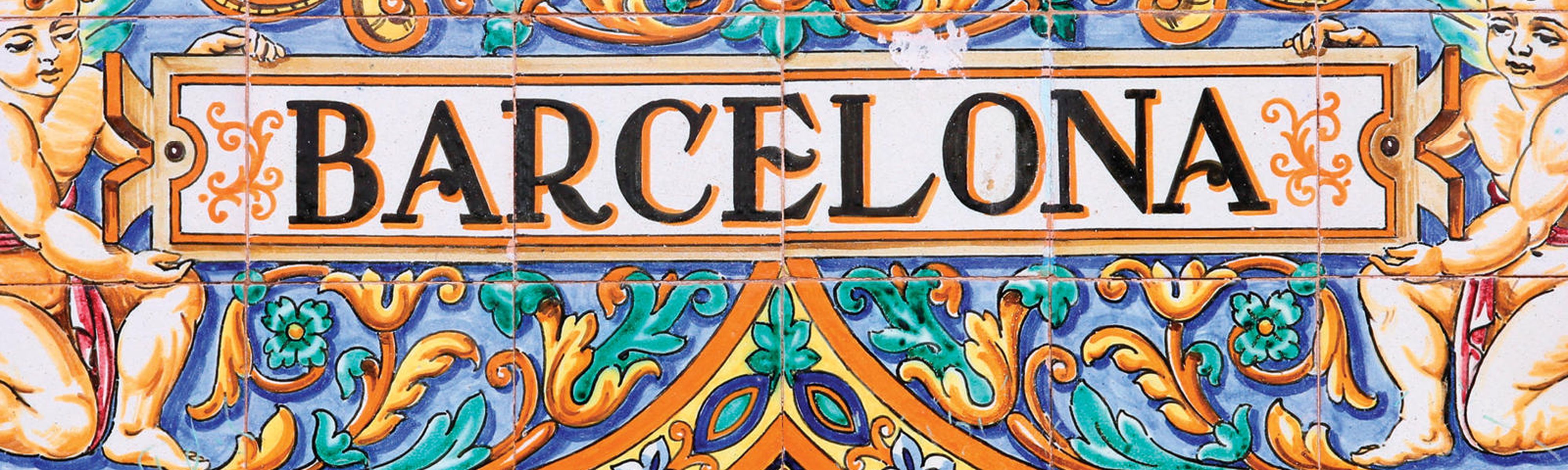 colorful blue tiles reading barcelona