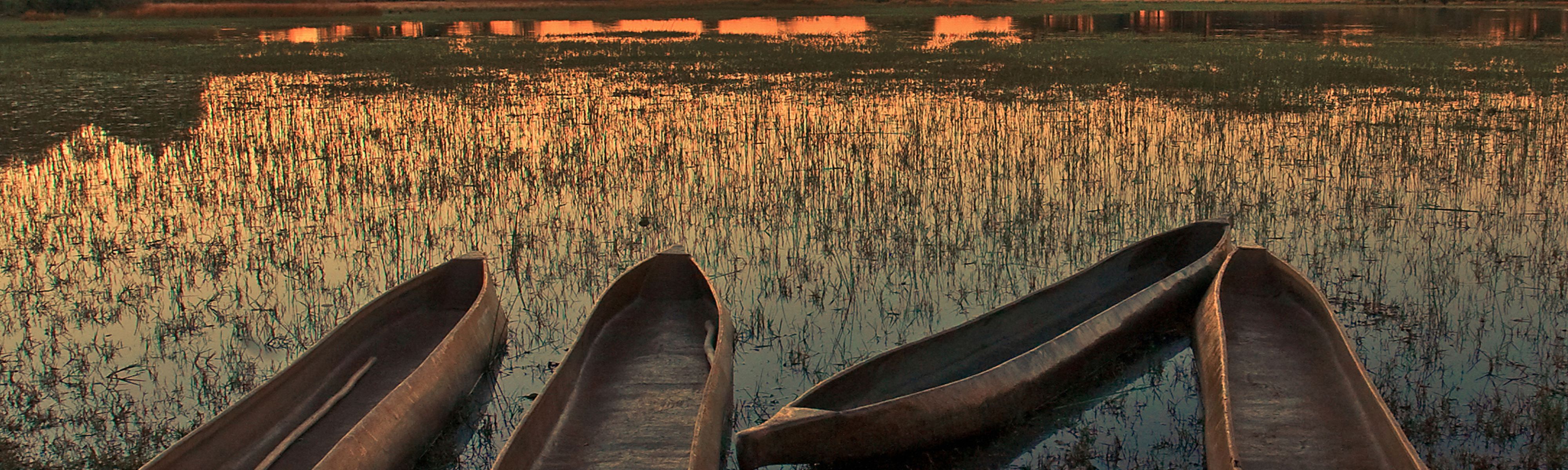 canoes floating in the okavango delta river in botswana at sunset