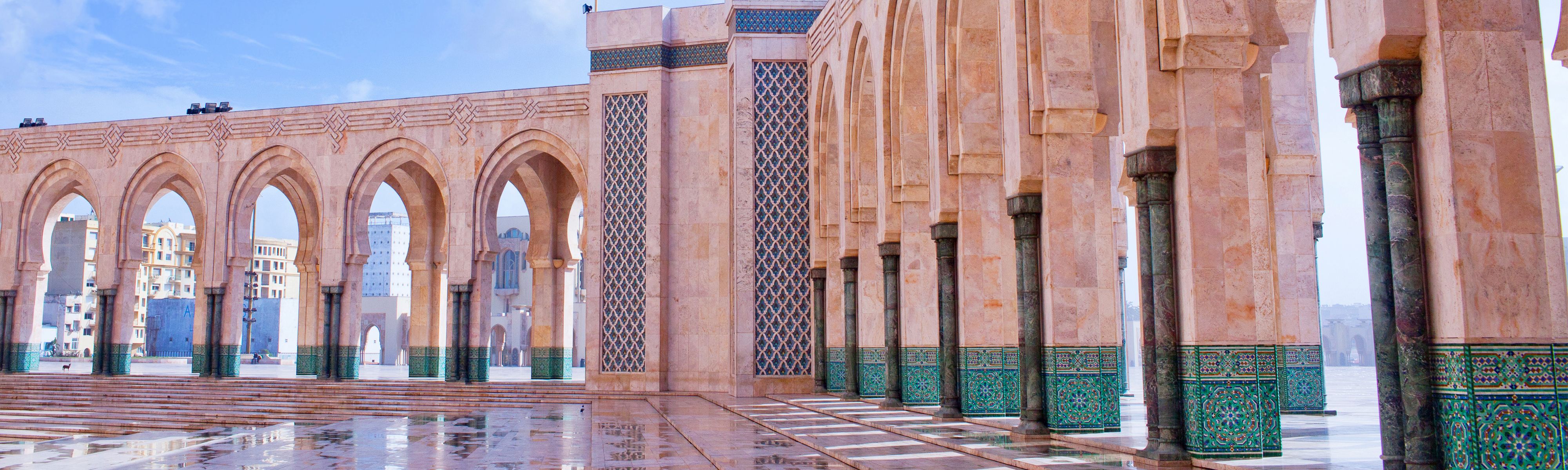 tiled pillars in the arcade gallery at the hassan II mosque in casablanca