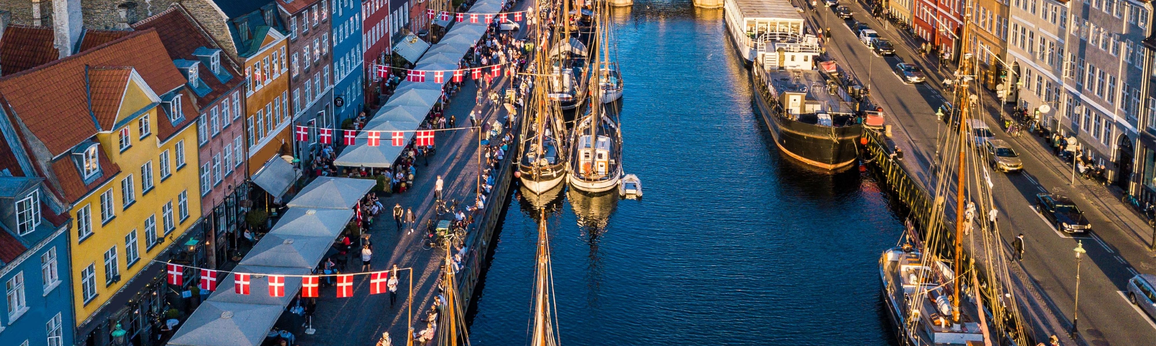 looking down at boats docked in new harbour canal in denmark