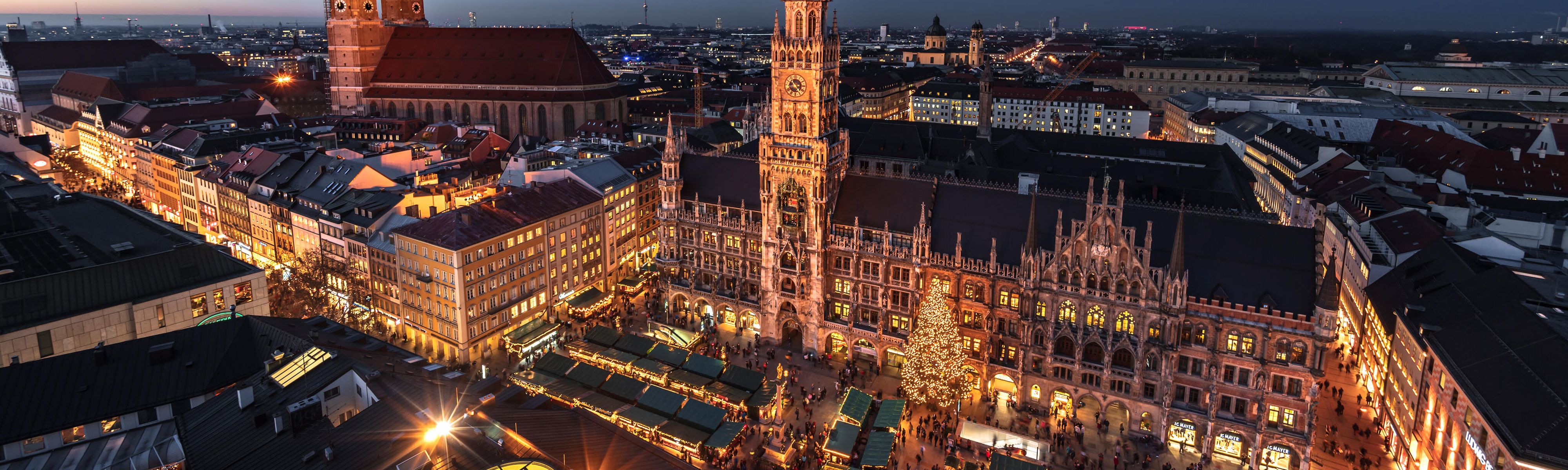 Marienplatz lit up at night in munich germany during the winter time
