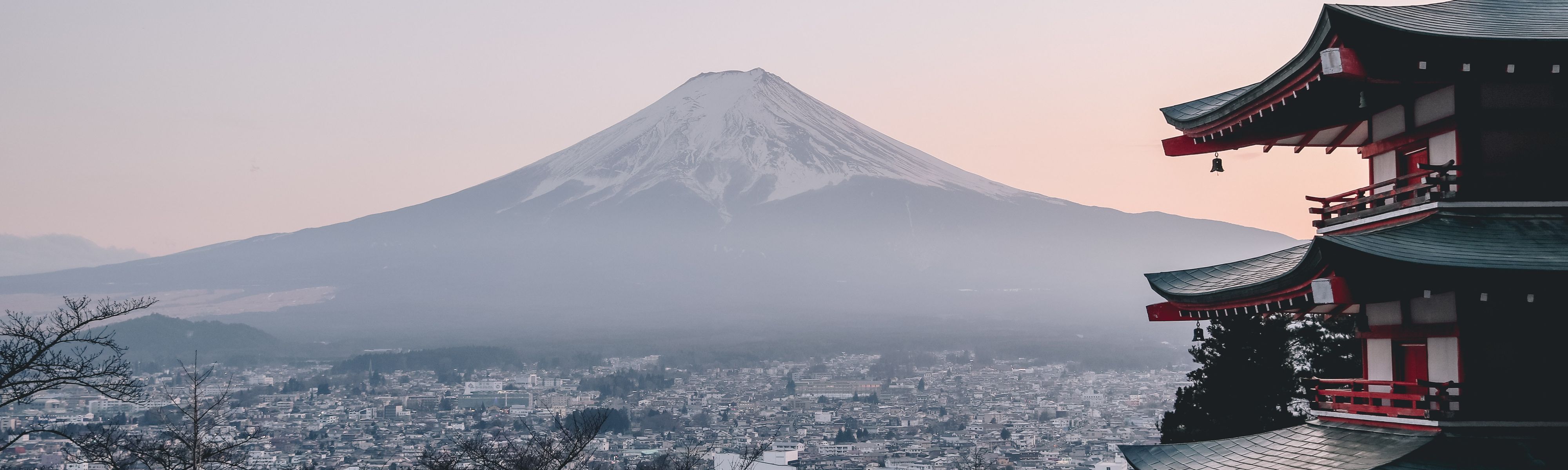 snow capped mount fiji with japanese temple