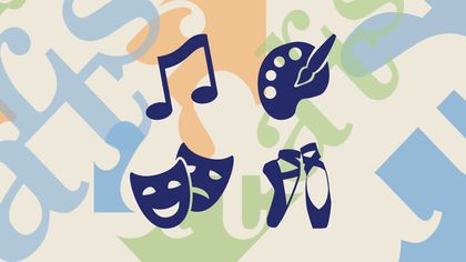 A colorful background with icons of music notes, paint brush with palette, theatre masks, and ballet shoes in dark blue.