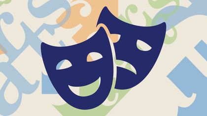 A colorful background with the theatre masks in dark blue in the foreground.