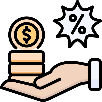 Illustration of a hand holding stacked coins with a dollar symbol, and a percentage icon above, symbolizing financial growth or savings.