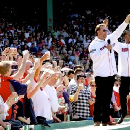 World record for the largest toast at Fenway Park, fans raise glasses of Welch's juice