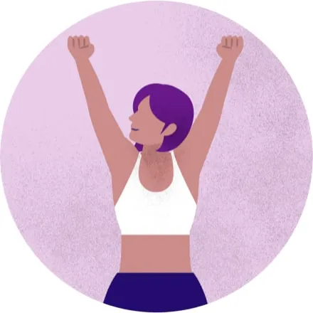 Purple illustration of a person wearing a sports bra lifting their arms triumphantly