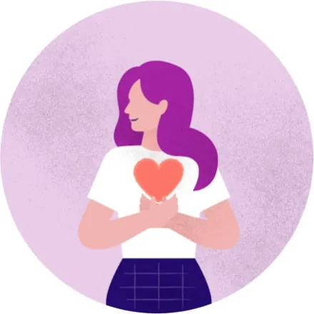 Purple illustration of person holding a heart over their chest