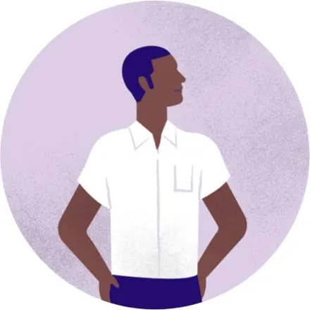 Purple illustration of a man standing, wearing a white shirt