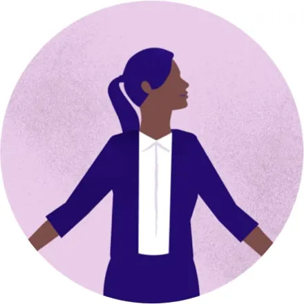 Purple illustration of a woman standing, wearing a blazer and white shirt